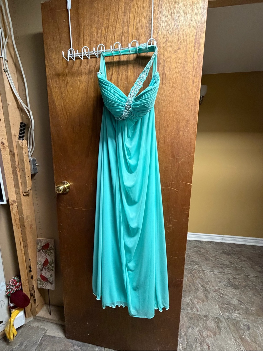 Sleeveless Teal Evening Gown with Beaded Strap